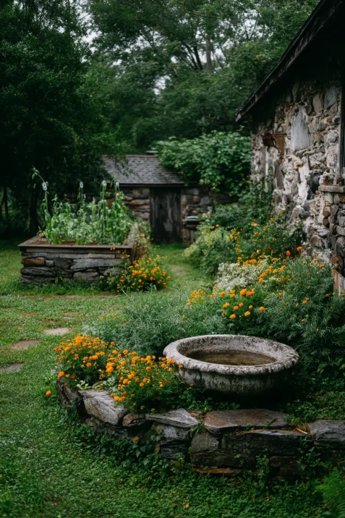 Vibrant Marigold Beds with Bird Bath