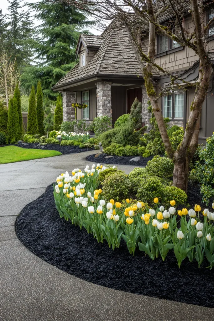 Vibrant Tulip Garden with Black Mulch
