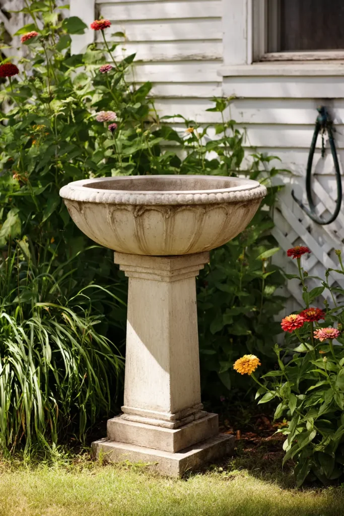 Vibrant Zinnia Garden with Bird Bath