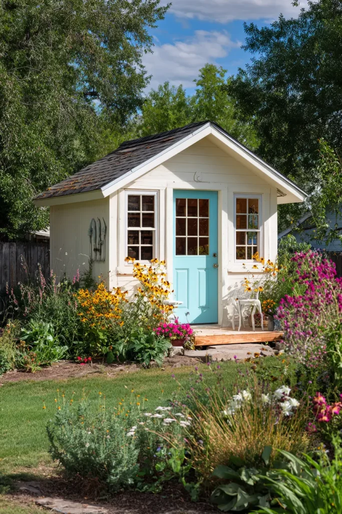 White Shed with Blue Door Accents