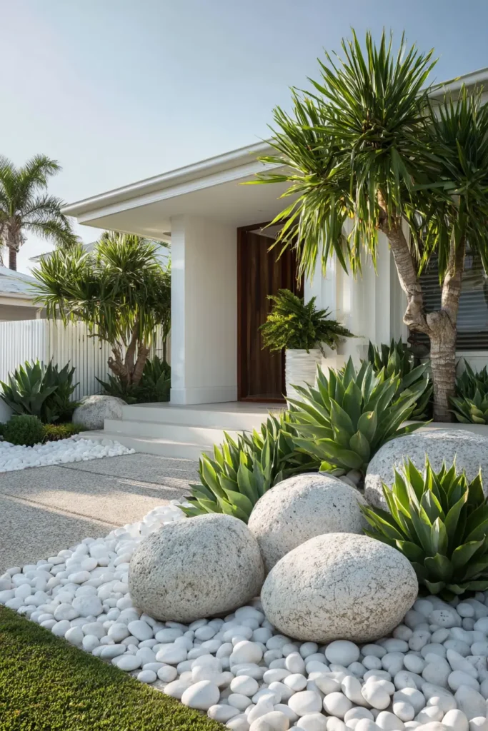Abundant Green Plants And White Pebbles