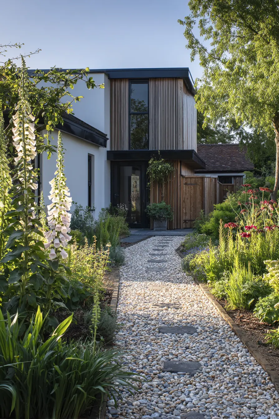 Charming Cobblestone Patio Garden with Raised Flower Beds