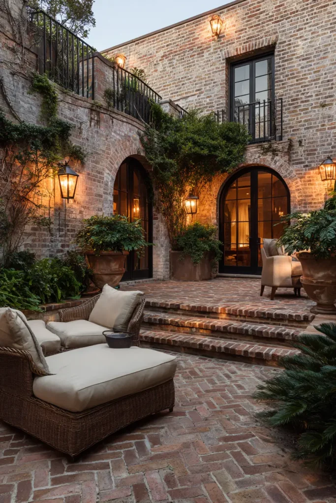 Contemporary Brick Patio with Seating