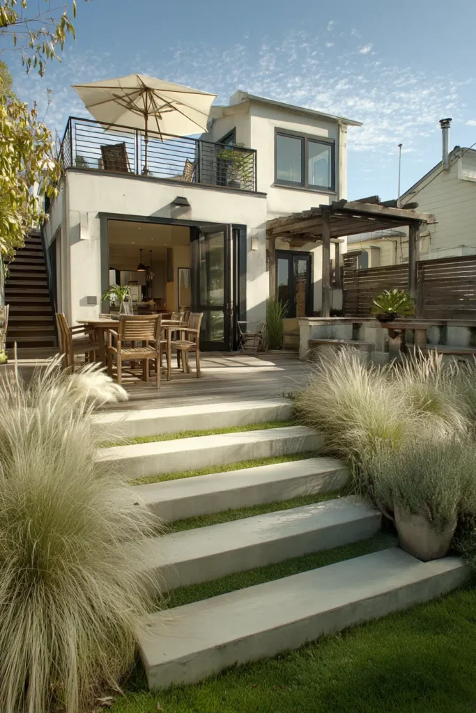 Contemporary Outdoor Deck with Lush Landscaping