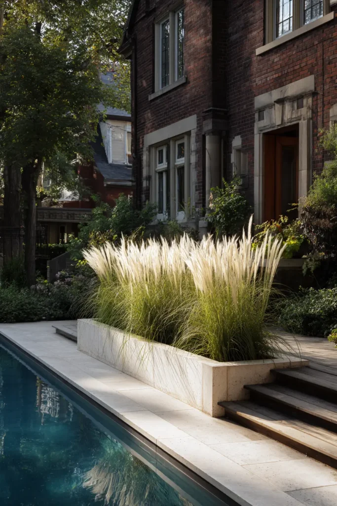 Contemporary Pool Deck with Blue Petunias