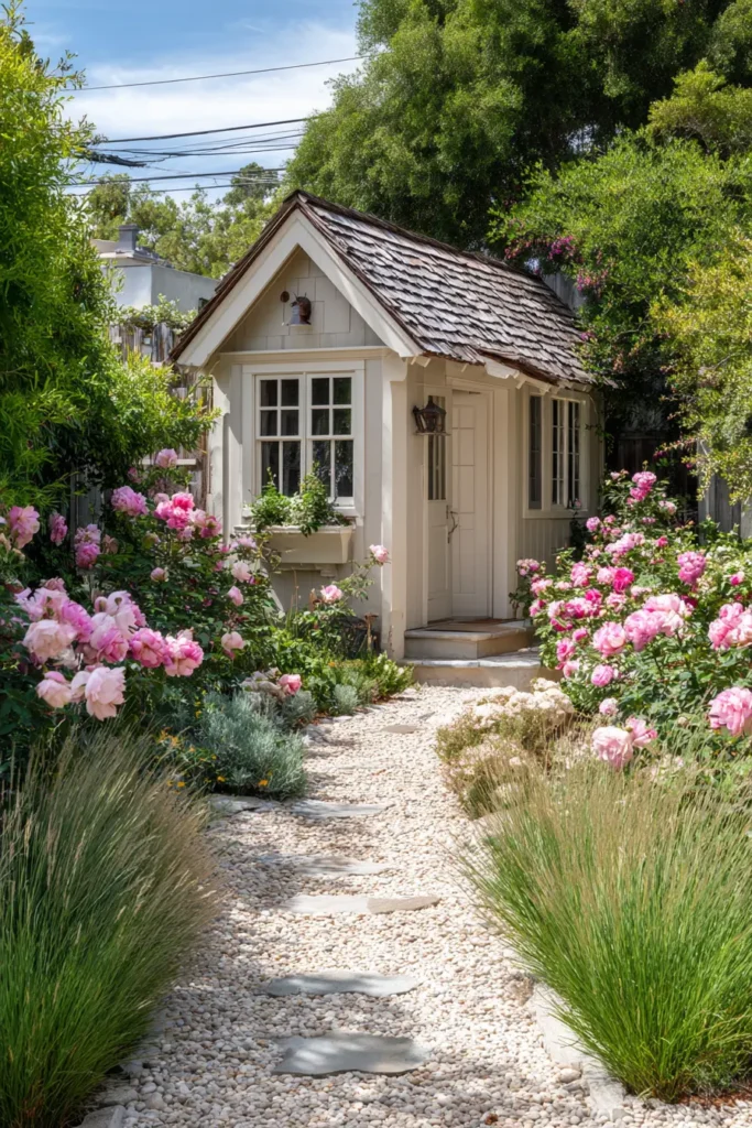 Cottage Courtyard with a Lush Green Trellis and Potted Flowers