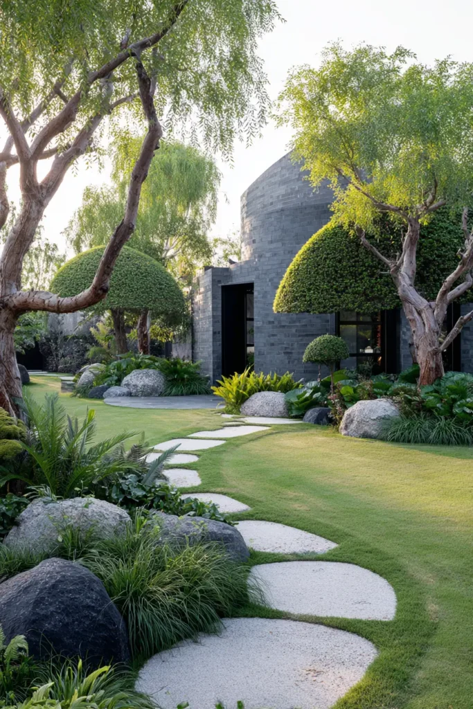 Curved Pathway with Stone Lanterns