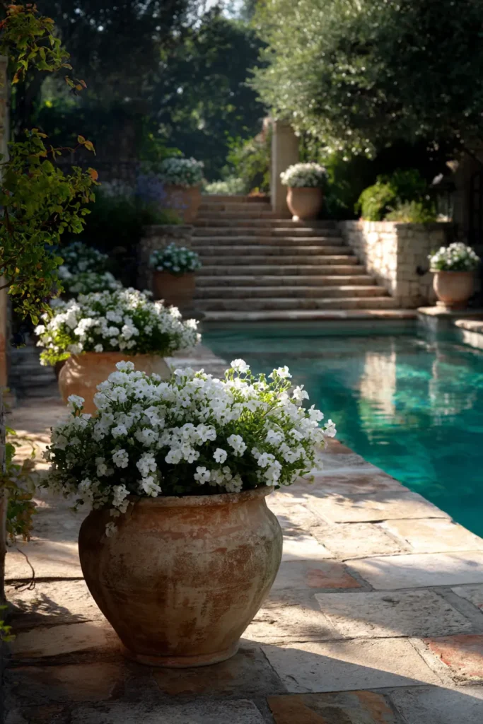 Elegant Mediterranean Planters with Petunias