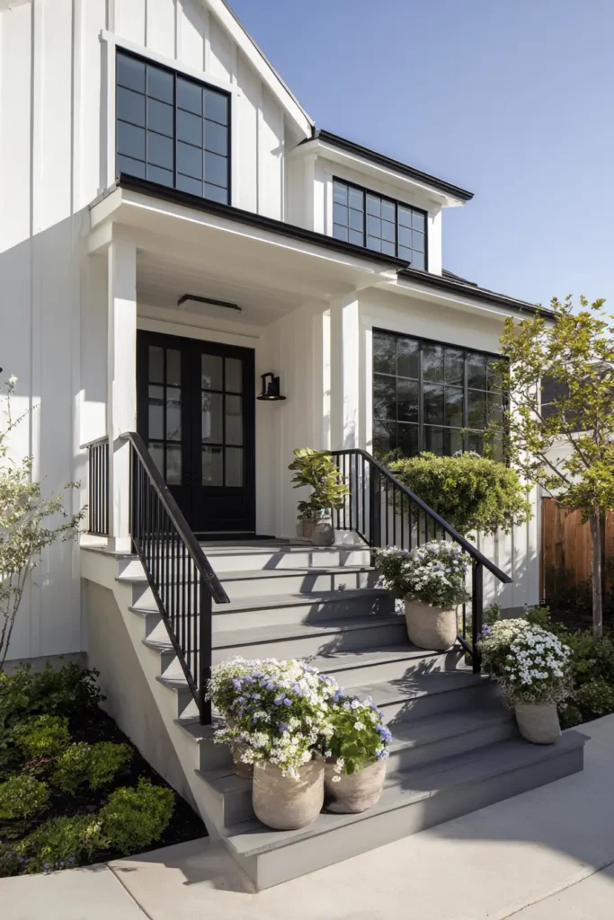 Elegant Steps with Potted White Flowers