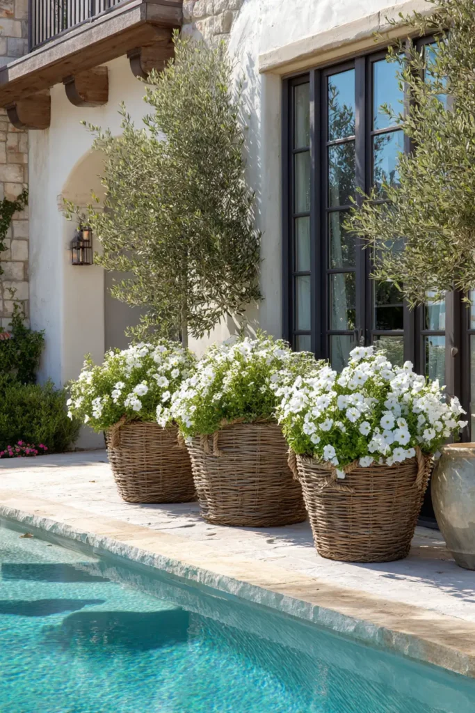 Elegant White Petunia Poolside Planters