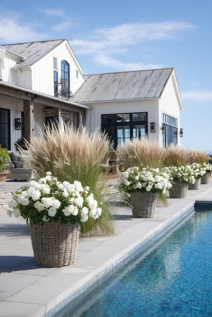 Elegant White Rose Planters by Pool
