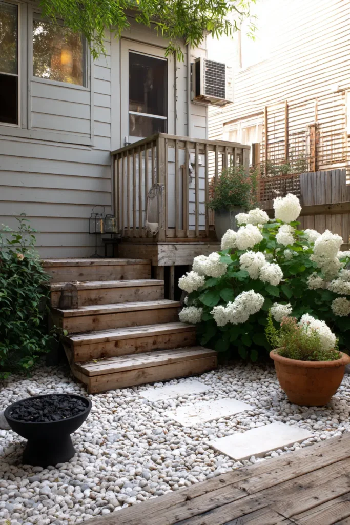 Elegant Wooden Decking with Hydrangeas