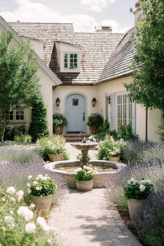 English Courtyard Garden with a Central Stone Fountain
