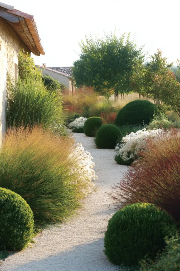 European-Inspired Gravel Garden with Ornamental Grasses