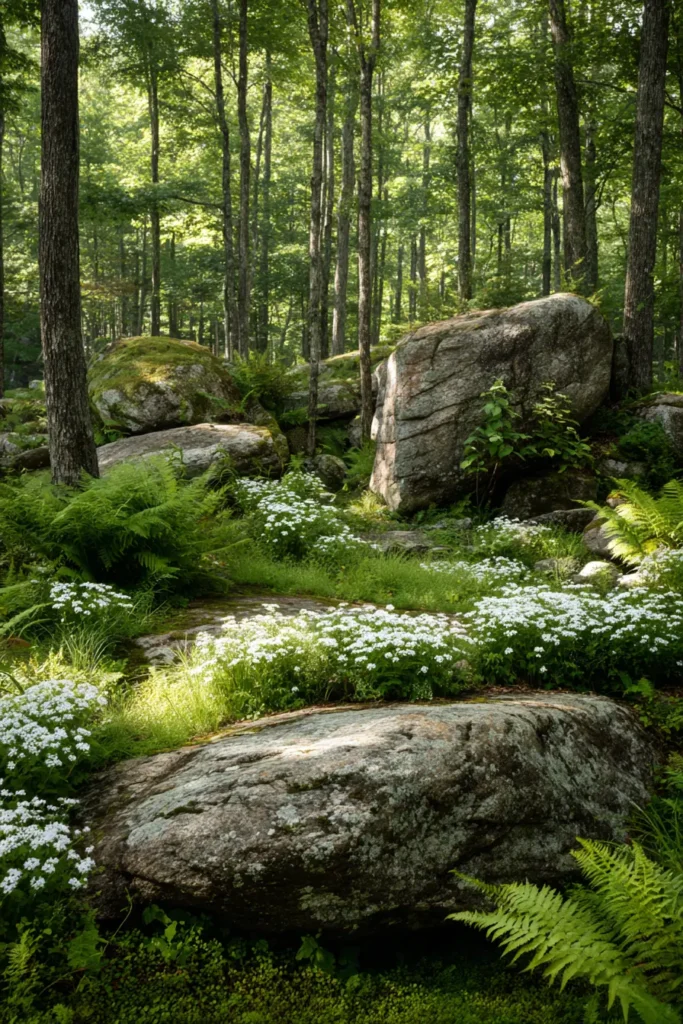 Ferns and White Blossom Ground Cover