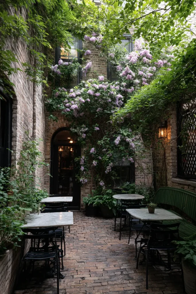 Hidden Cottage Courtyard with a Delicate Clematis Trellis