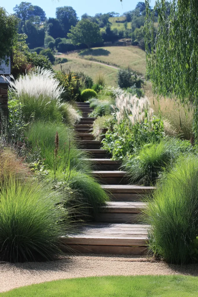 Hillside Garden with Cascading Ornamental Grasses