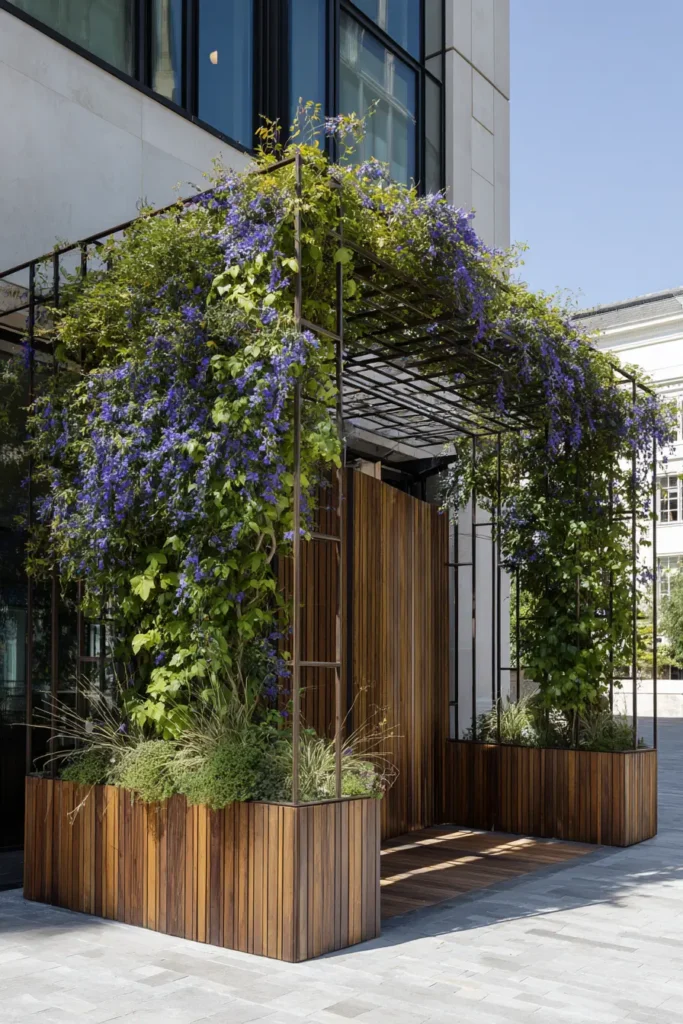Lush Green Trellis with Blue Flowers