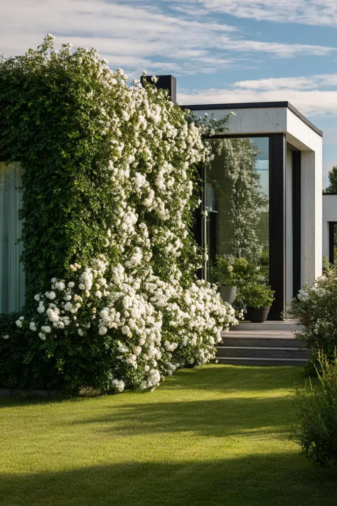Lush Roses Growing On Trellis