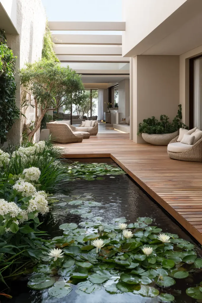 Lush Tropical Courtyard with Water Lilies