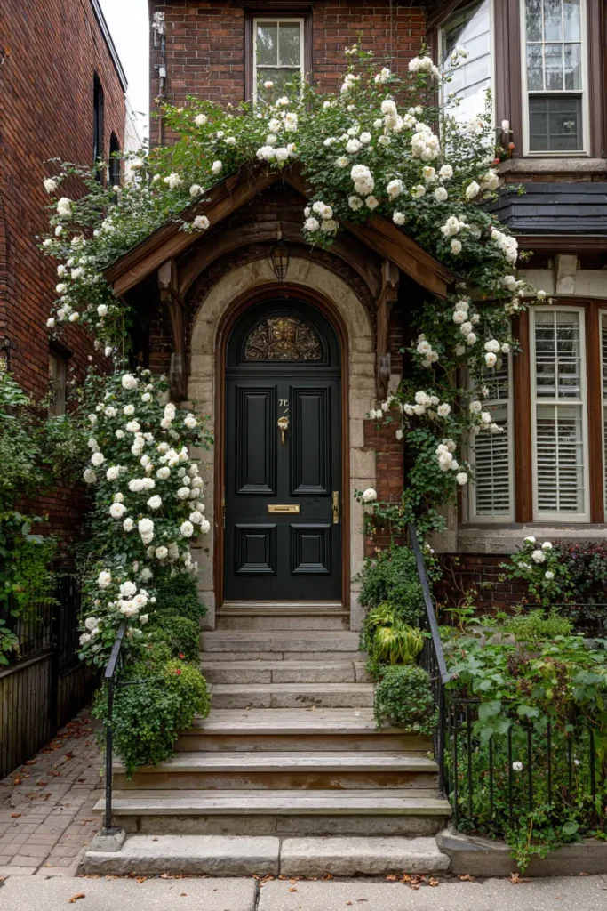 Lush White Climbing Roses Over Entrance