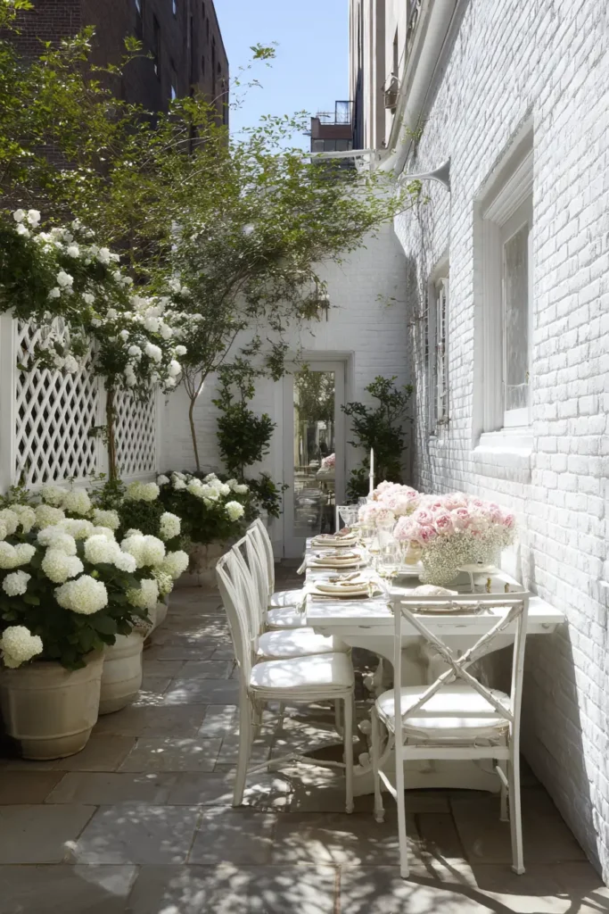 Micro Cottage Garden with a Small Lattice Fence and White Peonies