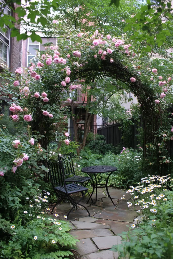 Miniature Cottage Garden with a Vintage Iron Table and Roses