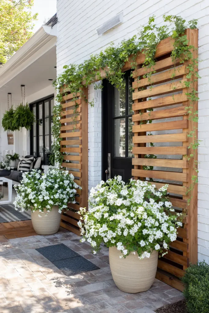 Modern Wooden Lattice with White Petunias
