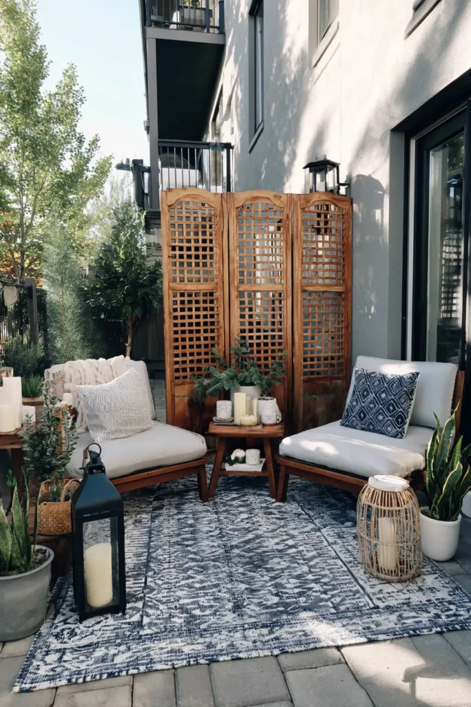 Modern Wooden Privacy Screen with Lanterns