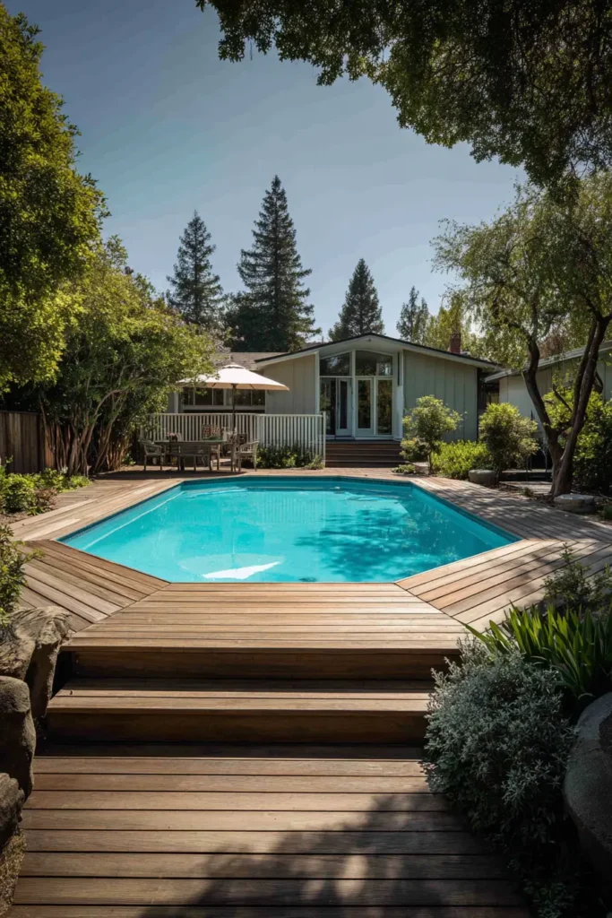 Natural Wood Deck with Lush Greenery