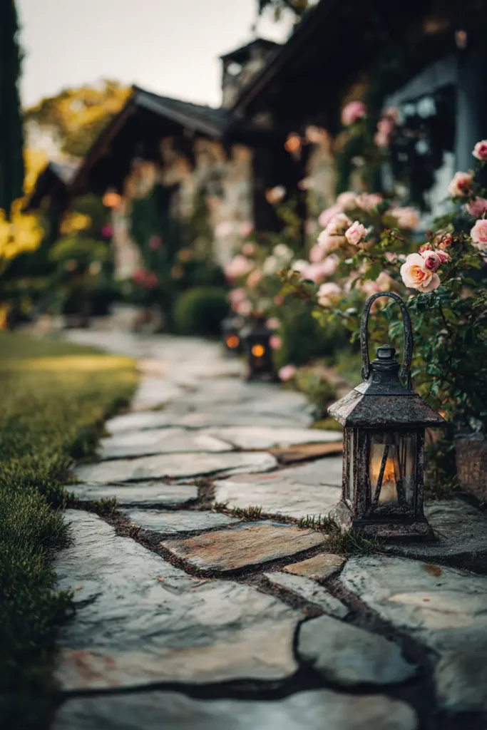 Paved Cottage Patio with a Central Rose Bush and Vintage Lanterns