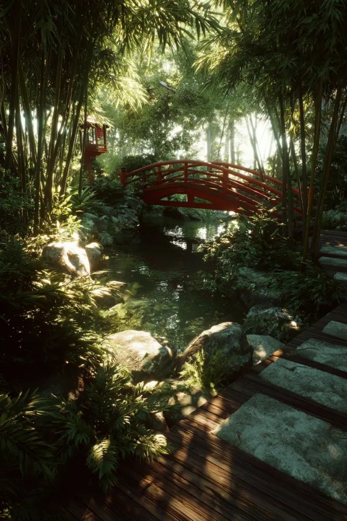 Peaceful Japanese Pond With A Bridge