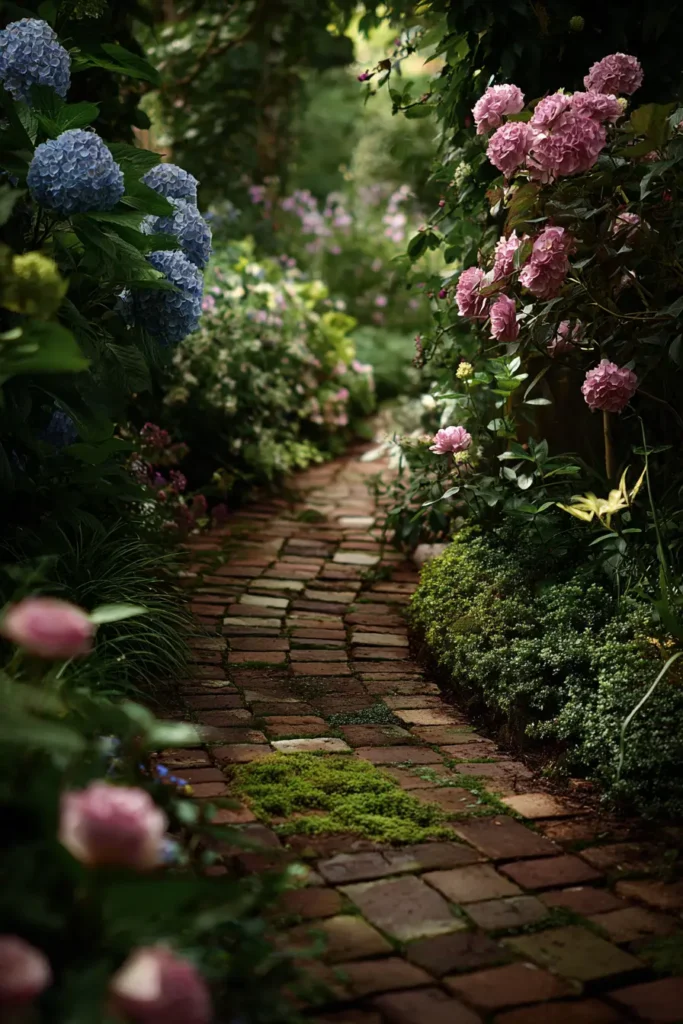 Petite English Garden with Mossy Brick Paths and Hydrangeas