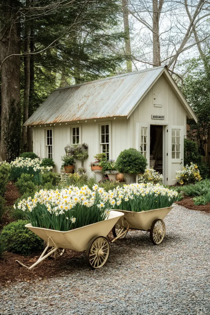 Rustic Wheelbarrow Planters with Daffodils
