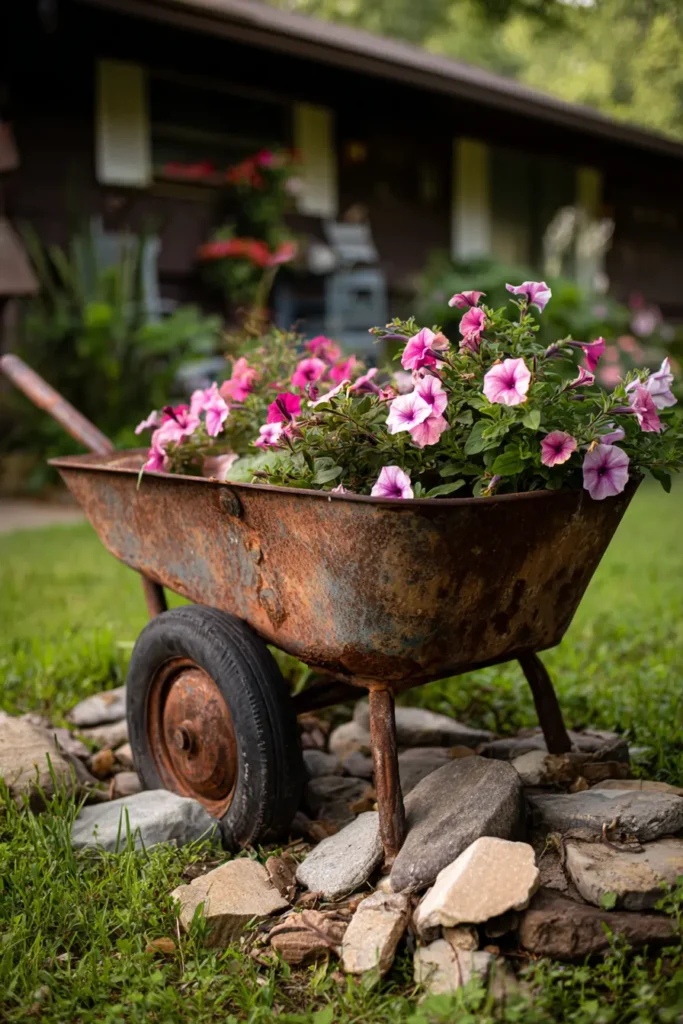 Rustic Wheelbarrow with White Petunias