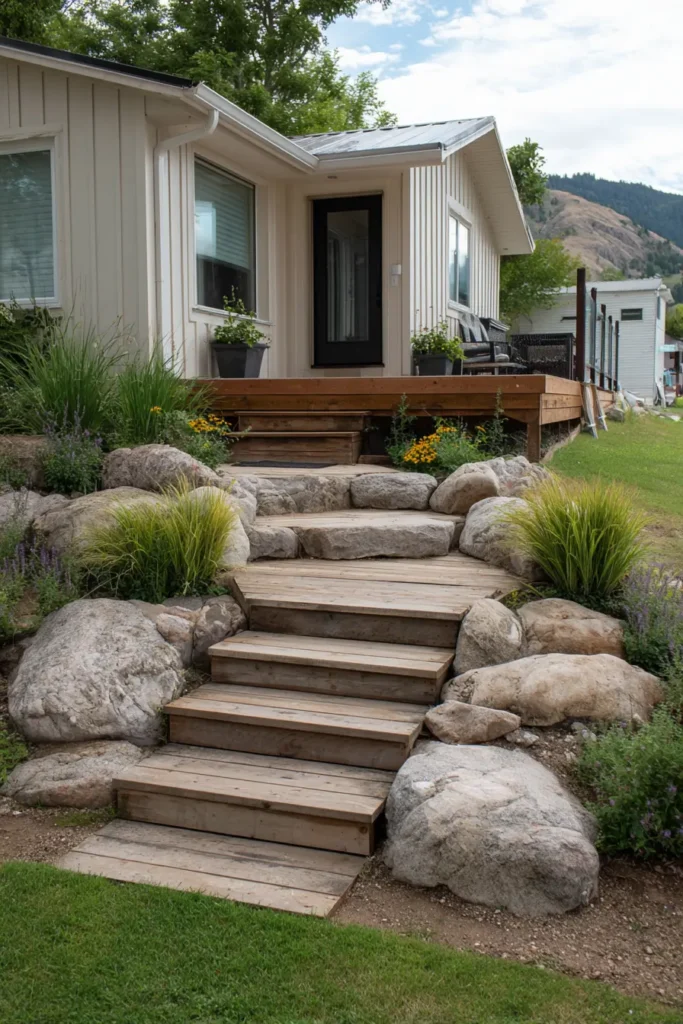 Rustic Wood Decking with Lush Greenery