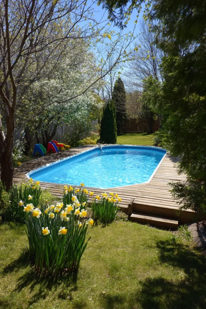 Rustic Wooden Deck with Yellow Daffodils