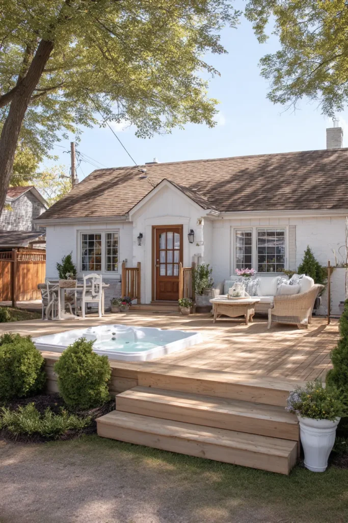 Rustic Wooden Pool Deck with Flowers
