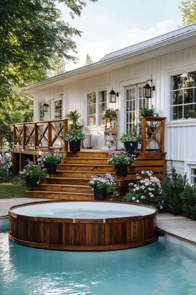 Rustic Wooden Pool Deck with Hydrangeas