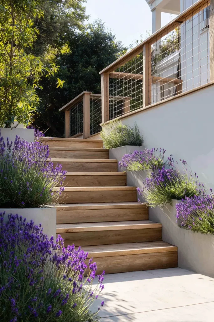 Rustic Wooden Steps with Lavender Borders