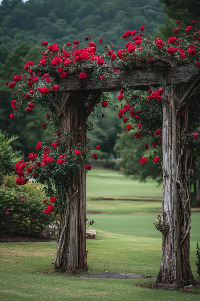 Rustic Wooden Trellis with Red Roses