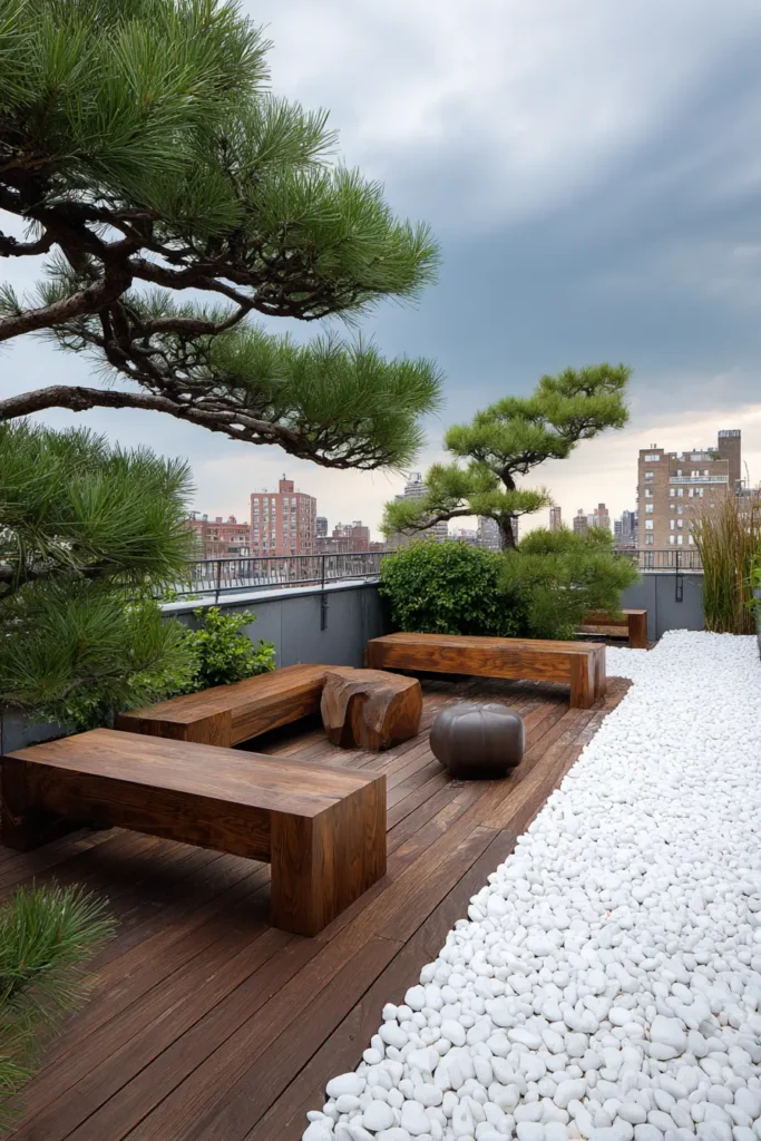 Serene Japanese Garden with Pine Trees