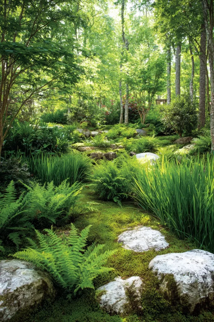 Serene Woodland Garden with Soft Ornamental Grasses