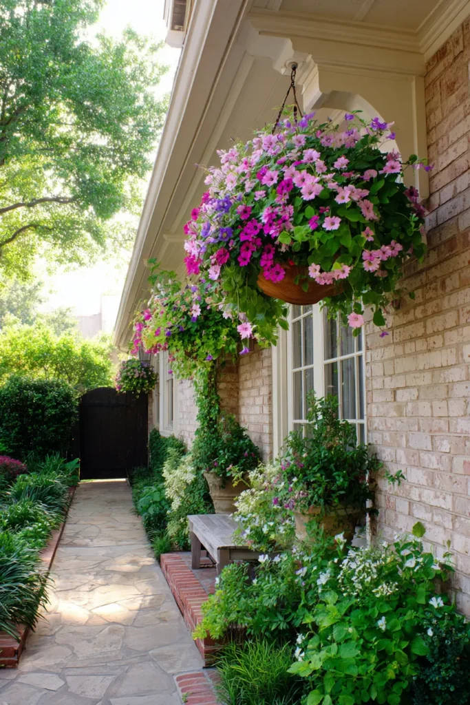 Tiny Brick-Walled Garden with Overflowing Hanging Baskets