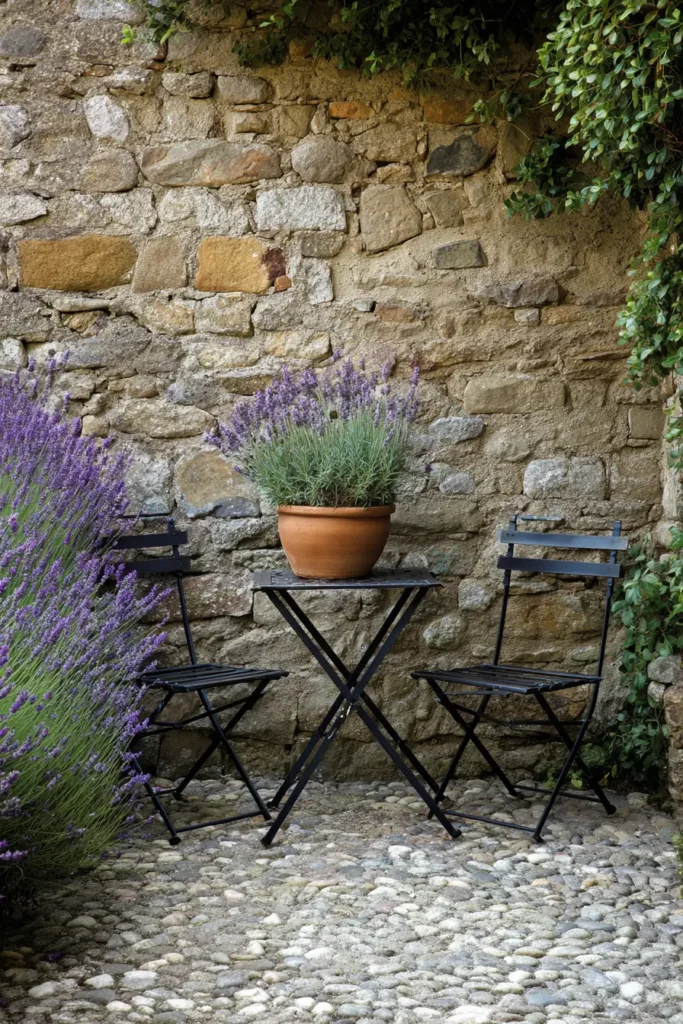 Tiny Patio Garden with Rustic Stone Walls and Lavender Borders