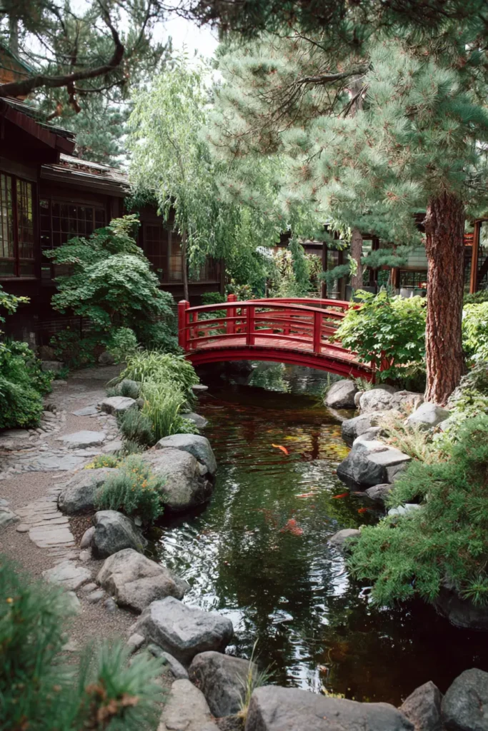 Tranquil Koi Pond with Bridge