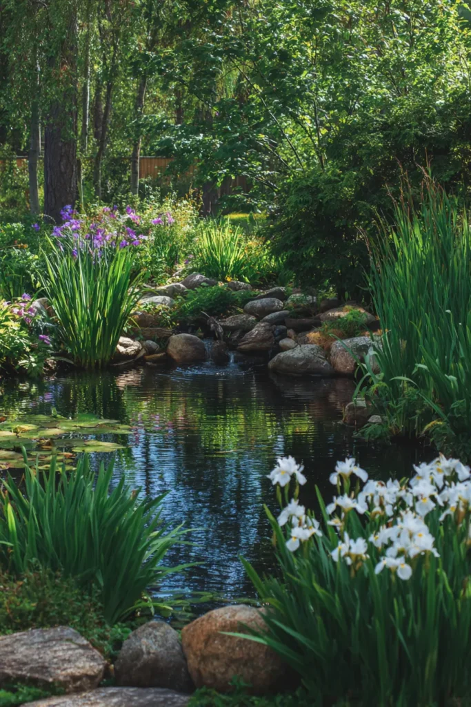 Tranquil Pond with Iris Blooms
