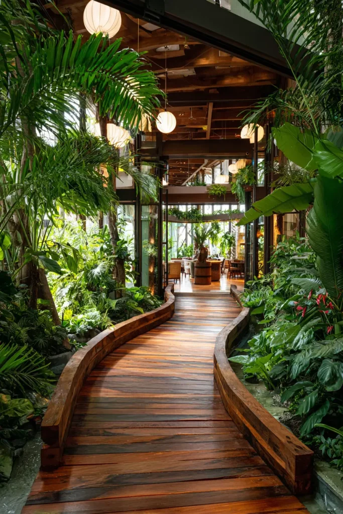 Tropical Courtyard with Suspended Lanterns