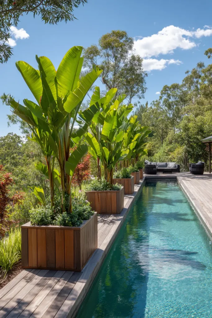 Tropical Greenery Surrounding Elegant Poolside Planters