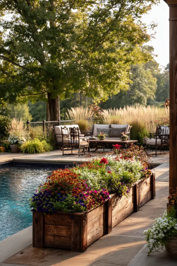 Vibrant Rustic Planters Surrounding Pool